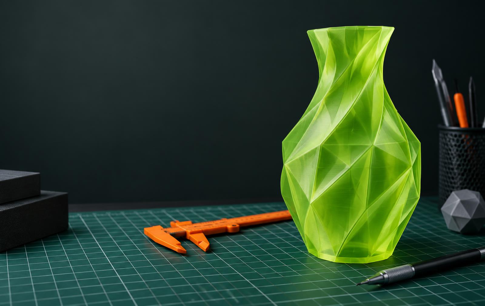 Translucent green 3D printed vessel on a cutting mat